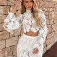 Fashion Jacquard Hollow 2 Piece Set Women Sexy Turtleneck Puff Sleeve Crop Top+Long Skirts Elegant Party Club Suits