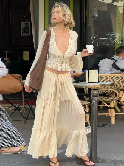 2 Piece Set Lace Chiffon Cardigan Top Long Skirt Spring Traveling Cruise Outfits for Woman Matching Sets