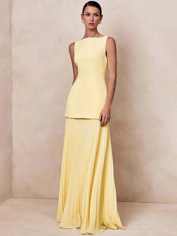 Elegant Two Piece Maxi Dress Women Fashion Boat Neck Sleeveless Bodycon Pleated Club Party Long Dress Female Vestidos