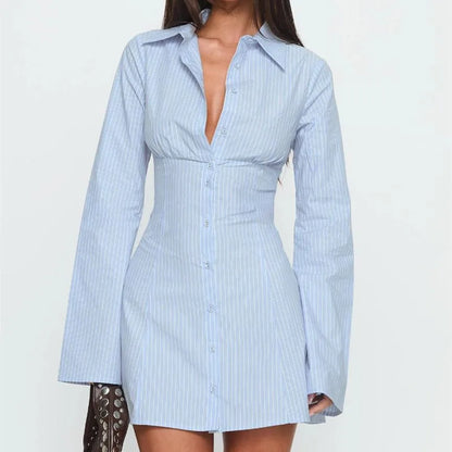 Women Striped Button Down Shirt Dress Y2k Lapel Collar Long Sleeve Pleated Corset Mini Dress Vacation Party Dresses
