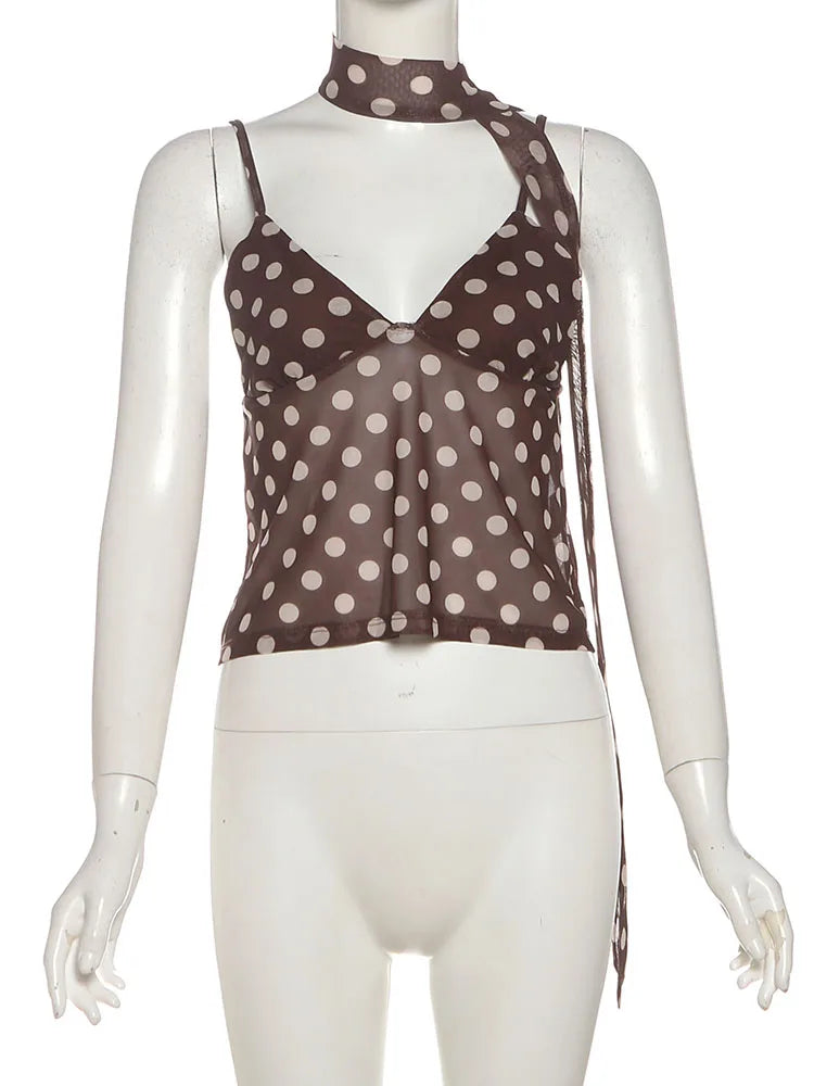 Polka Dot Print 3-Piece Set Women Scarf+V-Neck Camisole+Irregular Mid Skirts Matching High Street Sweet Elegant Suit