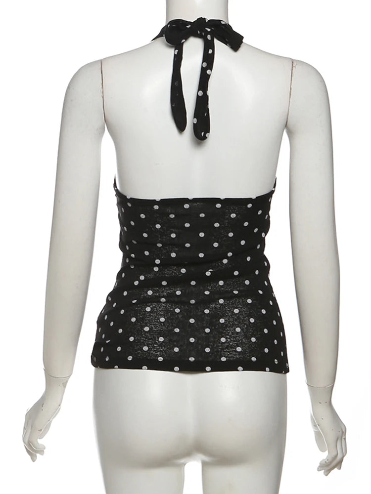 See Through Tank Tops Women V-Neck Halter Bandage Backless Polka Dot Print Street Sexy Daily Skinny Basic Wild Vest