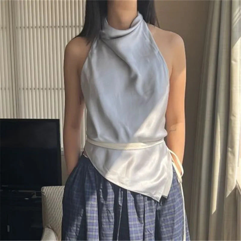Women Summer High Street Sleeveless Satin Top Camisole Y2K Tie Halter Tops Backless Solid Color Top Party Clubwear