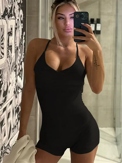 One Pieces Black Rompers Sexy Fitness Yoga Halter Backless Sleeveless Jumpsuits Shorts Women Clothing