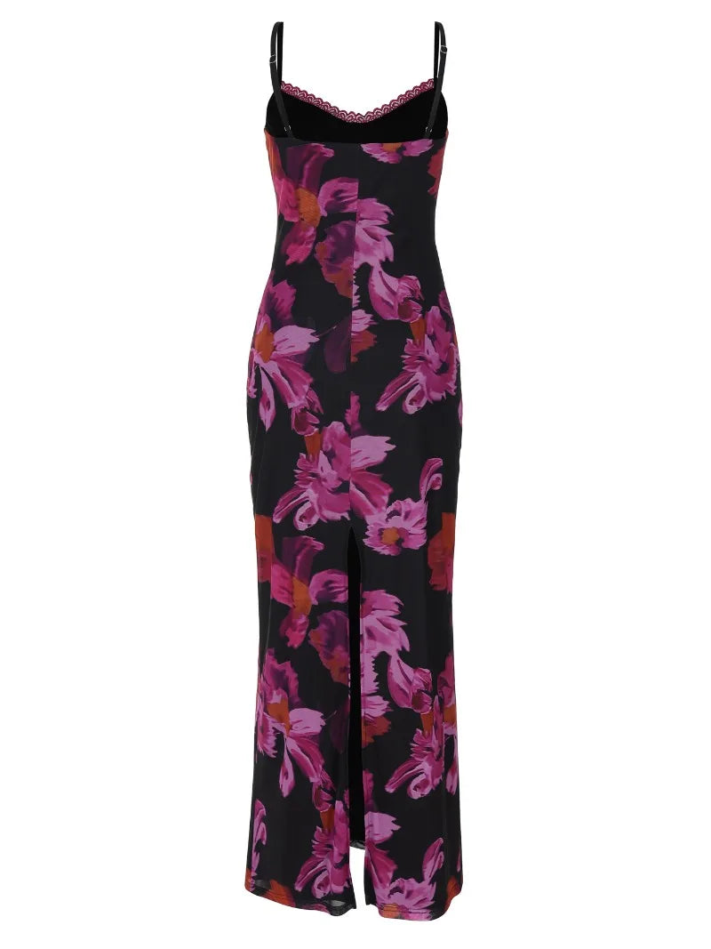 Beautiful Flower Printed Spaghetti Strap Backless Long Dresses Summer Vacation Outfits Woman Dress Elegance