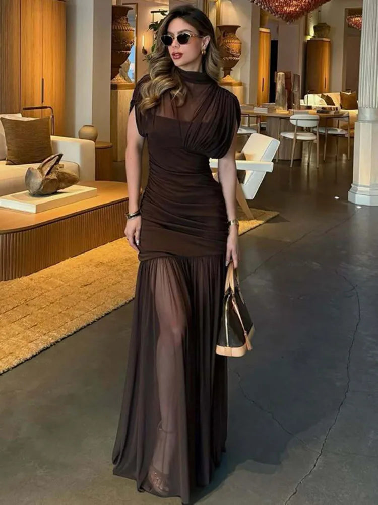 Mesh Sleeveless Sexy Maxi Dress Women Gown Elegant Half High Collar High Waist Bodycon Ruched Club Party Long Dresses
