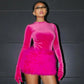 2 Piece Sets Fuzzy Faux Fur Mini Skirt Velvet Gloves Long Sleeve Bodysuit Top Winter Sexy Birthday Outfit Club