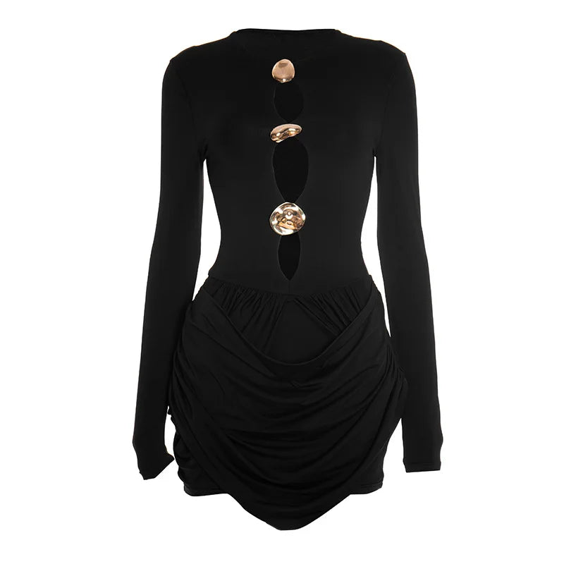 Sexy Hollow Out Long Sleeve Pleated Mini Dresses White Black Elegant Luxury Party Birthday Dress Women