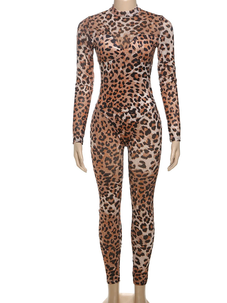 Leopard Print Jumpsuit Women Sexy See Through midnight full sleeve Hipster Fit Street Clubwear Party Workout Overalls