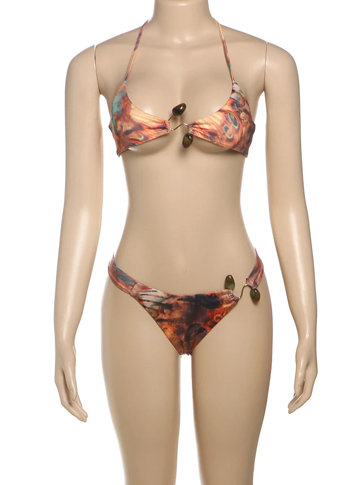 Fashion Print Metal Buckle Patchwork 2 Piece Set Women Lace-Up Halter Bra+Skinny Briefs Vacation Beach Party Outfits