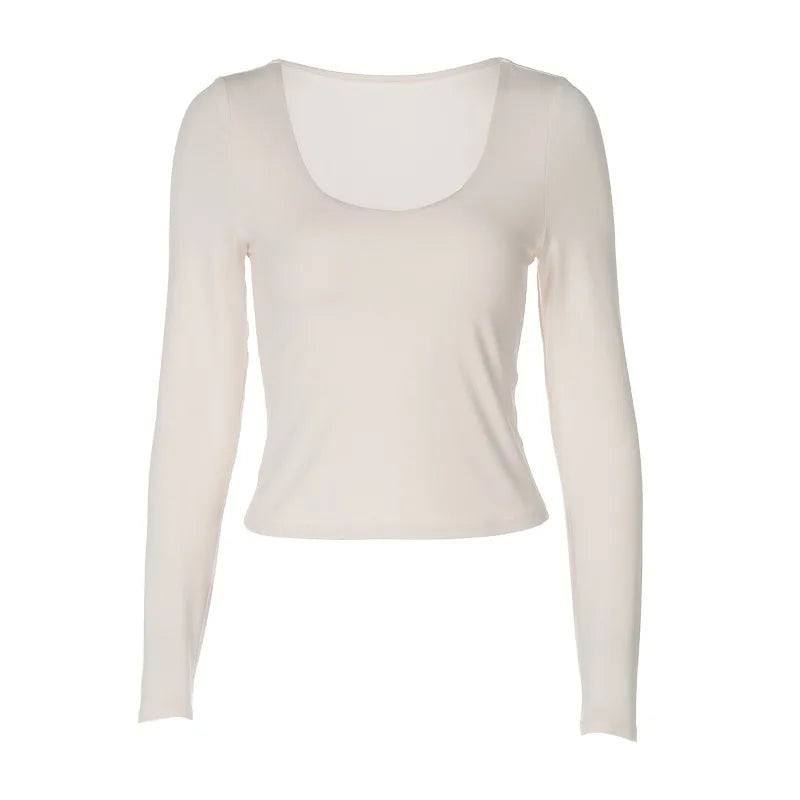 Solid Color Basic Low Cut Long Sleeve Top Tight Fitted Ladies T Shirts Popular Clothing Woman Fall 2025