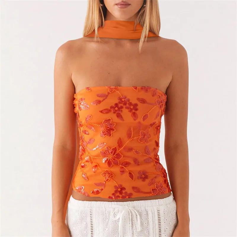 Women Y2K Sequin Tube Top with Scarf Sexy Backless Pearl Embellished Beaded Cami Bling Glitter Rhinestone Camisole
