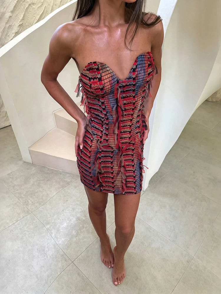 Colorful Tassel Knit Dress Women Fashion Sexy Backless Sleeveless  Stretch Skinny Elegant Trend Party Street Bodycon