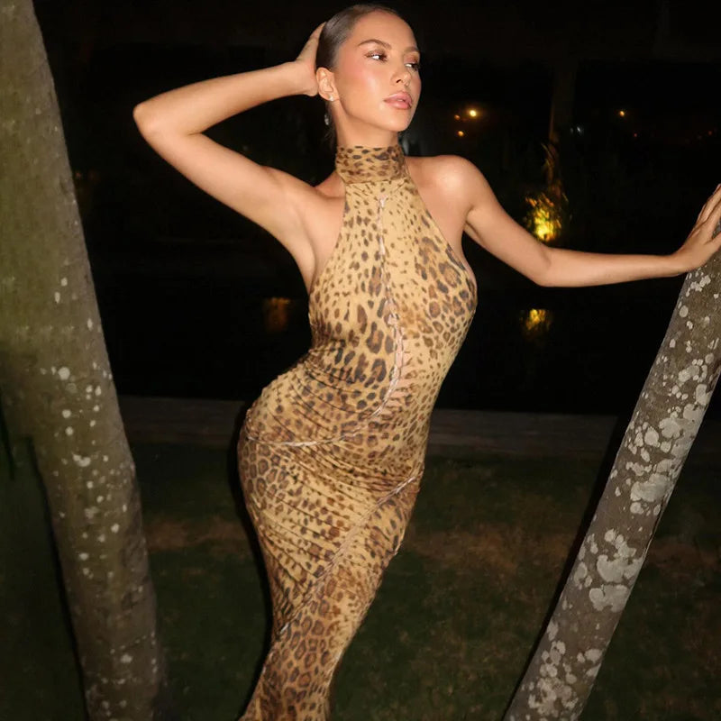 Asymmetrical Leopard Print Summer Dress for Women Sexy Club Outfits Hollow Halter Backless Long Dresses