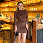 Brown Polka Dot Print Mini Dress with Mesh Cape Sleeves Sexy Birthday Outfits Woman Gown Dresses Elegant