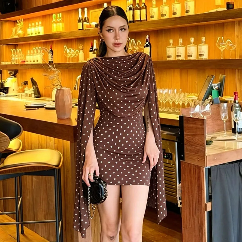 Brown Polka Dot Print Mini Dress with Mesh Cape Sleeves Sexy Birthday Outfits Woman Gown Dresses Elegant