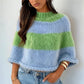 Y2K Striped Fuzzy Poncho Sweater Women Mock Neck Loose Half Sleeve Cropped Knit Cape Pullover Daily Street Outfit