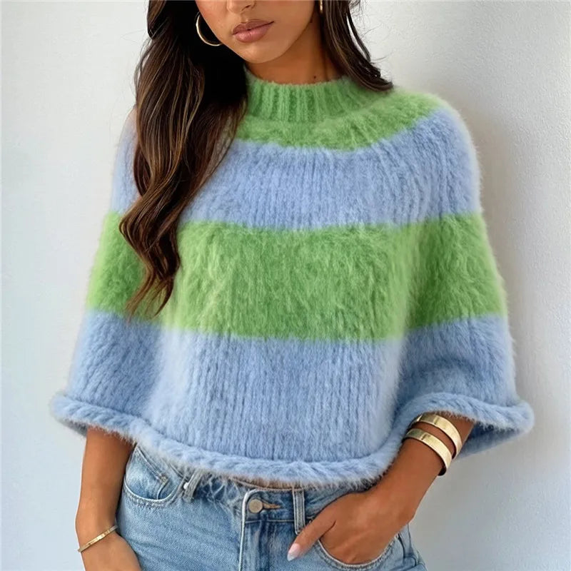 Y2K Striped Fuzzy Poncho Sweater Women Mock Neck Loose Half Sleeve Cropped Knit Cape Pullover Daily Street Outfit