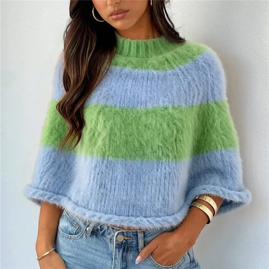 Y2K Striped Fuzzy Poncho Sweater Women Mock Neck Loose Half Sleeve Cropped Knit Cape Pullover Daily Street Outfit
