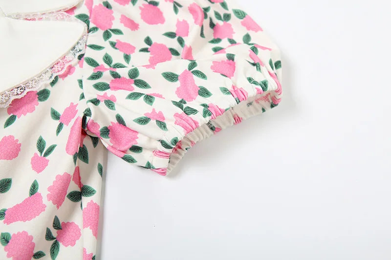 Floral Summer Dress Puff Sleeve V Neck Short Dresses Elegant Woman Clothing