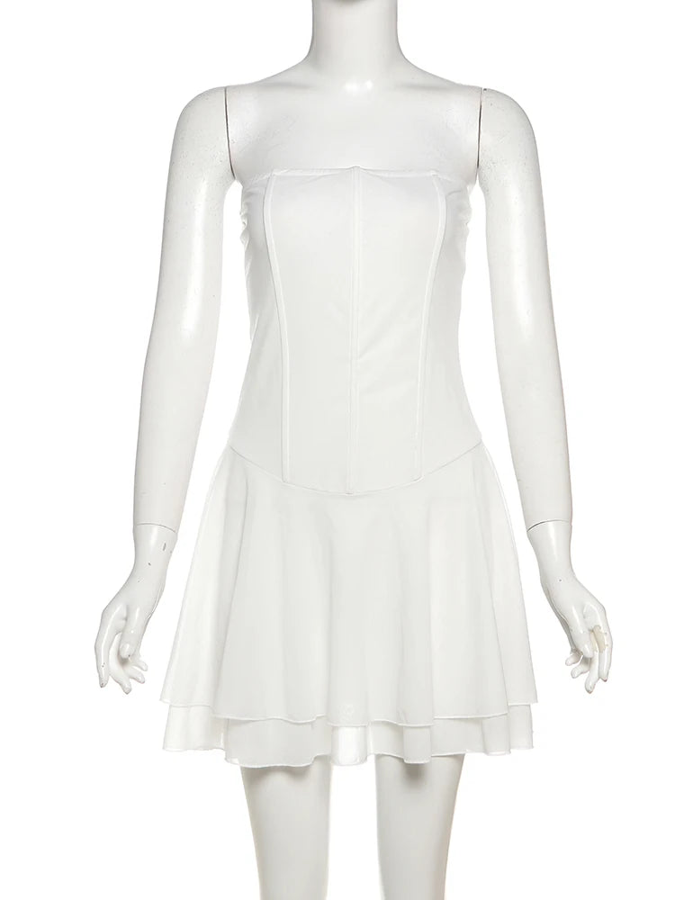 Sexy Strapless Dress Women Double-Deck Mesh Solid Simple Elegant Stretch Skinny Clubwear Summer Fashion Mini Bodycon