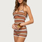 Y2K Striped Knit 2 Piece Outfit Halter Neck Cut Out Waist Crop Tank + Mini Shorts Women Beach Vacation Loungewear Set