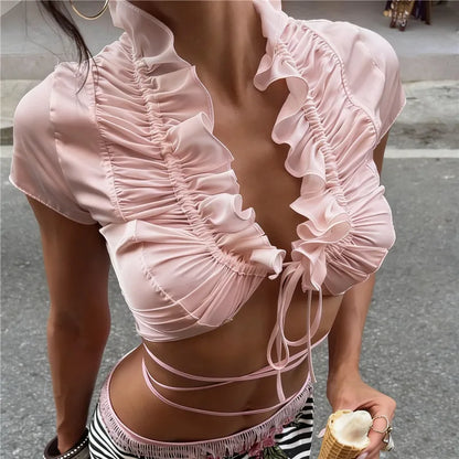 Sexy Ruffle Trim Satin Crop Top for Women Solid Tie Front Deep V Neck Short Sleeve Blouse Summer Casual Top Streetwear