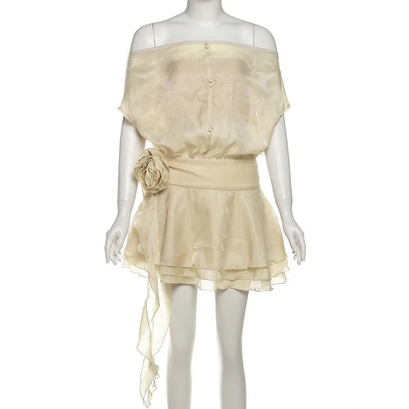 Beautiful Ladies Mesh Dressy Dresses 3d Flower-applique Off The Shoulder Mini Dress  Woman