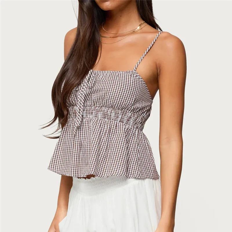 Summer Gingham Cami Top for Women Sexy Tie Front Ruffle Hem Sleeveless Peplum Blouse Casual Spaghetti Strap Top