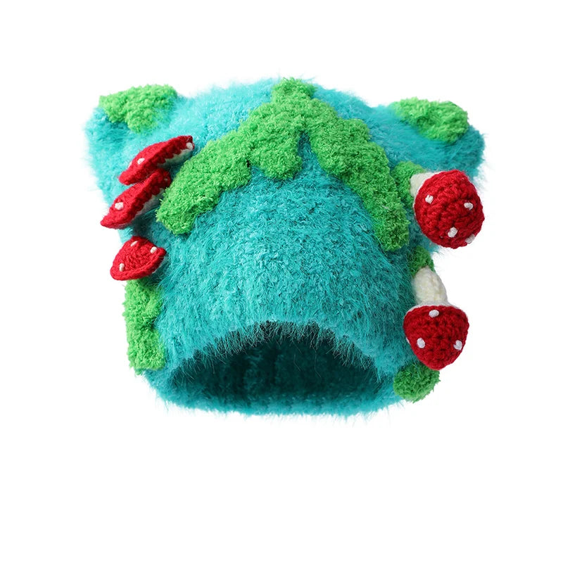 2025 Winter New Arrivals Y2K Cute Color Blocking 3D Strawberry Cat Ear Knit Beanie For Women