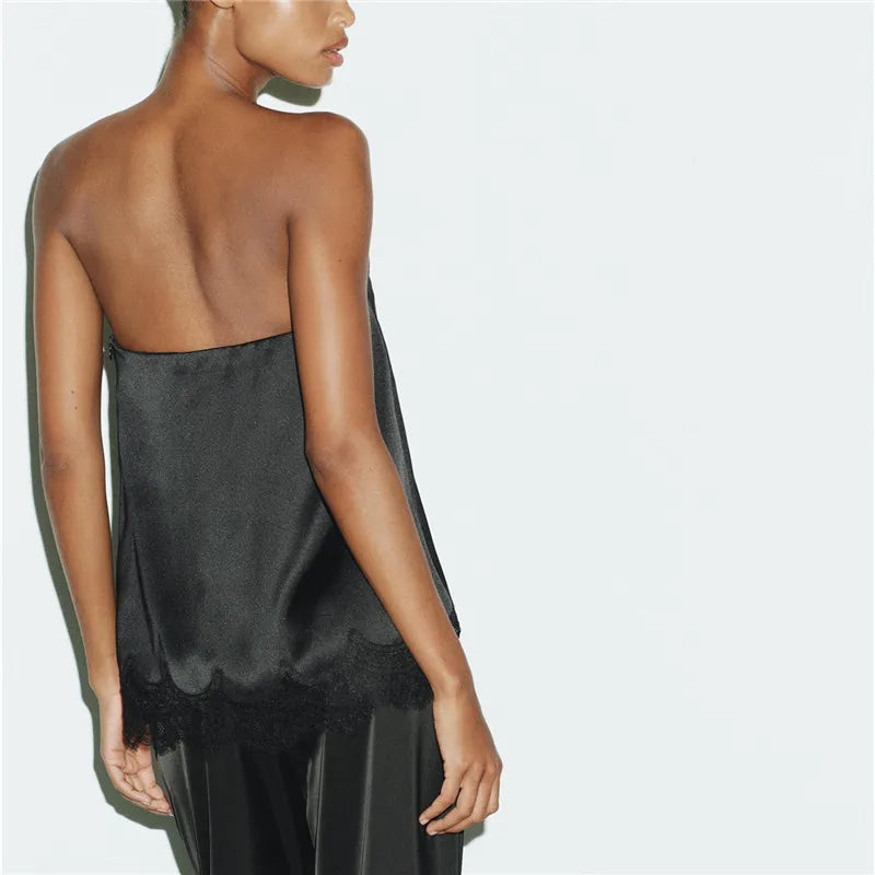 Women Solid Tube Tops Summer Eyelash Lace Trim Backless Off-Shoulder Bandeau Backless Tank Shirts Y2K Streetwear