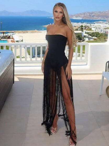 Strapless Fringed Long Maxi Dresses for Woman Fashion Clothing 2026 Red Black White Sexy Party Dresses