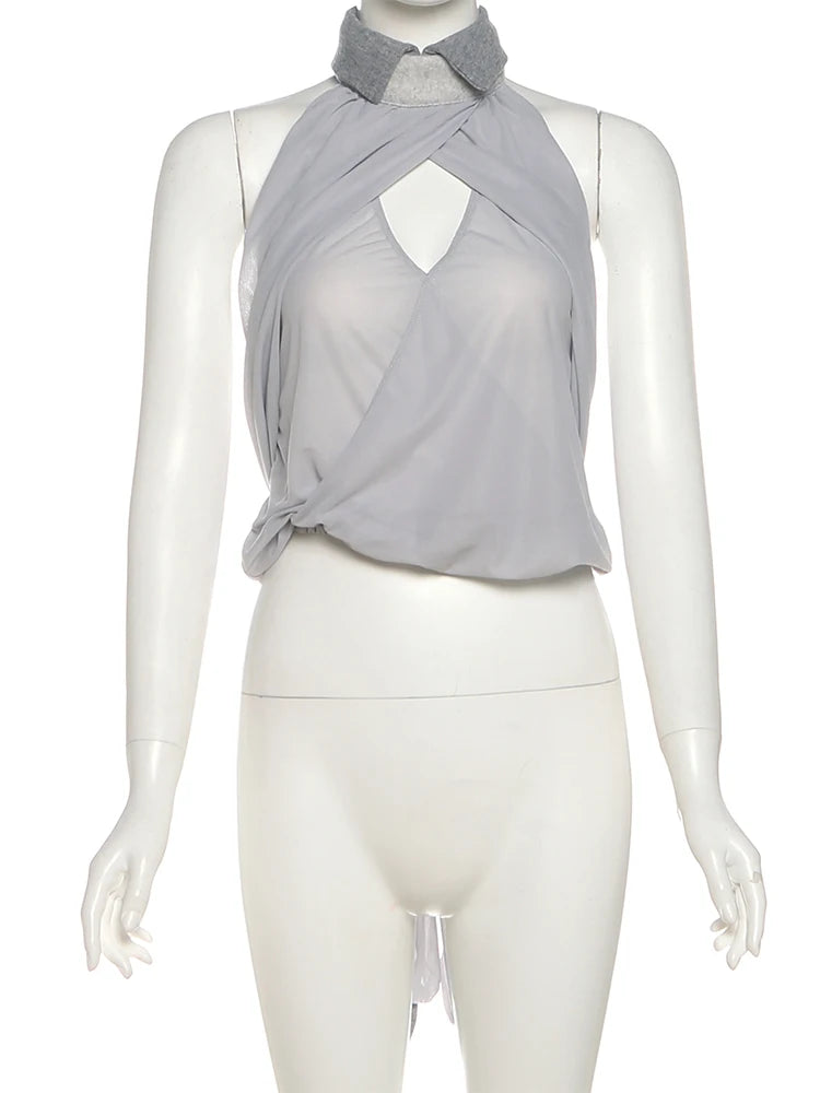 Sexy 2 Piece Set Women Cross Hollow Turtleneck Backless Halter Mesh Tank Top+Lapel Skirts Matching Midnight Clubwear