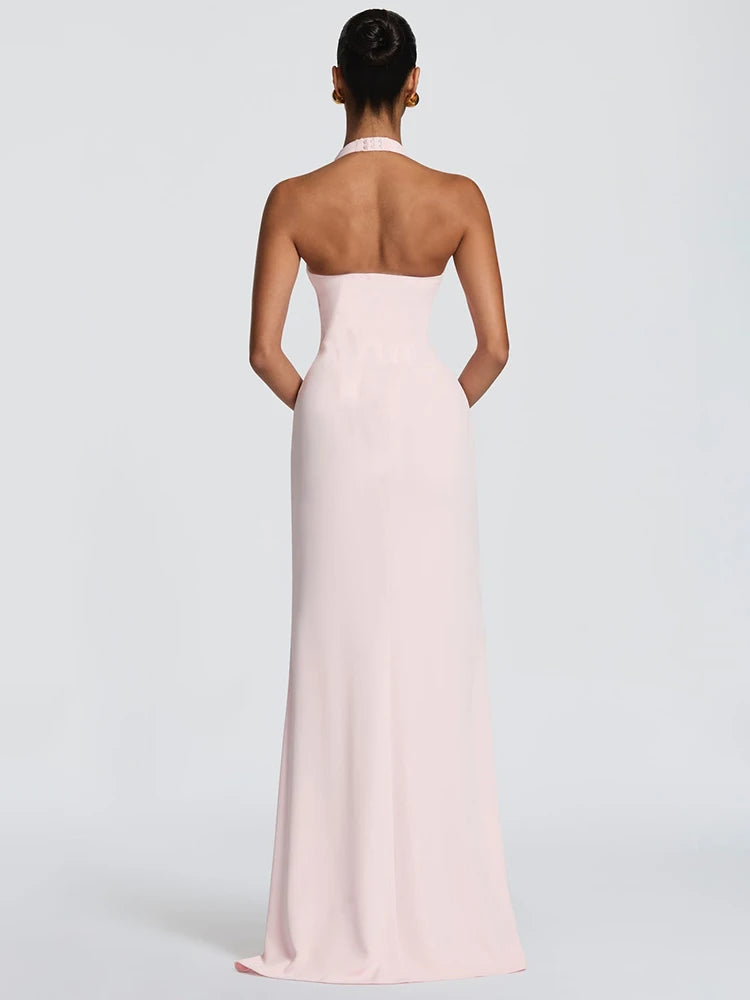 Women Halter Deep V Neck Sexy Maxi Dress Elegant Sleeveless Backless Bodycon Club Party Long Dresses Wedding Guest