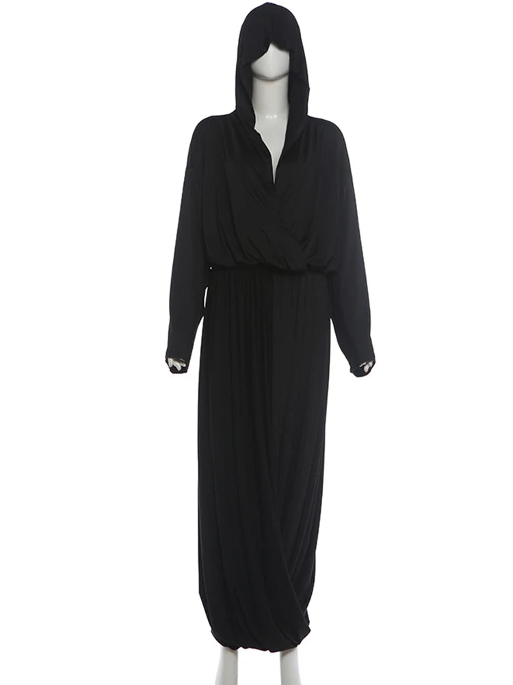 Fashion 2 Piece Set Women Hottie Simple Cross V-Neck Hooded Crop T-Shirt+Ruched Long Skirts Trend Party Street Suits