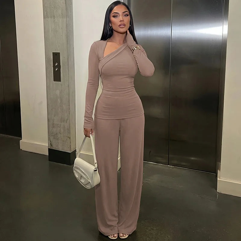 Two Piece Matching Set Asymmetric Long Sleeve Top and High Waist Wide Leg Pants Elegant Fall Outfits Woman