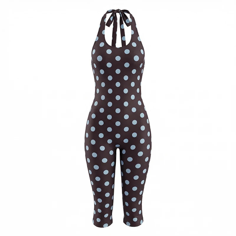 Midnight Romper Women Sexy Backless Halter Fashion Polka Dot Print Low-Neck Bandages Sleeveless Hottie Party Playsuits