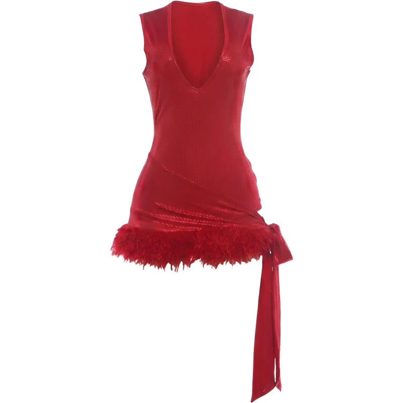 Shiny Design 2 Piece Set Woman Low-Neck Sleeveless Skinny Bodysuits+Plush Patchwork Tassel Skirts Sexy Fashion Suits