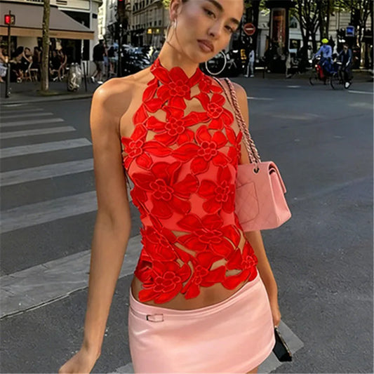 Women Hollow Out Floral Halter Top Embroidered Backless Mock Neck Tank Top Y2K Coquette Crop Tops Streewear
