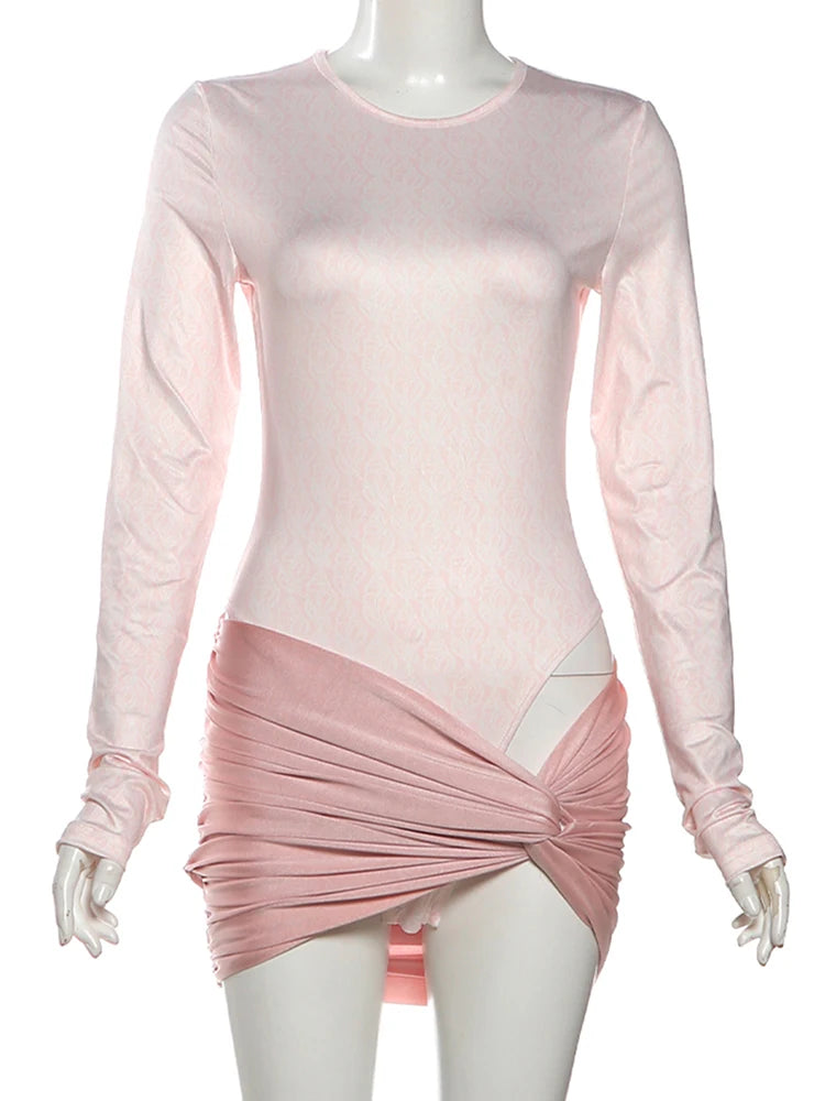 Simple 2-Piece Set Women o-Neck Pattern Long Sleeve Skinny Bodysuits+Cross Folds Mini Skirts Matching Elegant Chic Suits