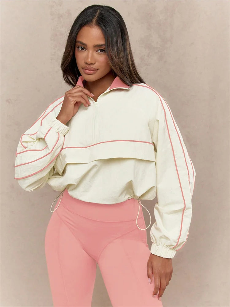 Contrast Patchwork Tracksuit 2 Piece Set Women Polo-Neck Drawstring Wasit Tops+Skinny Leggings Casual Sporty Sets