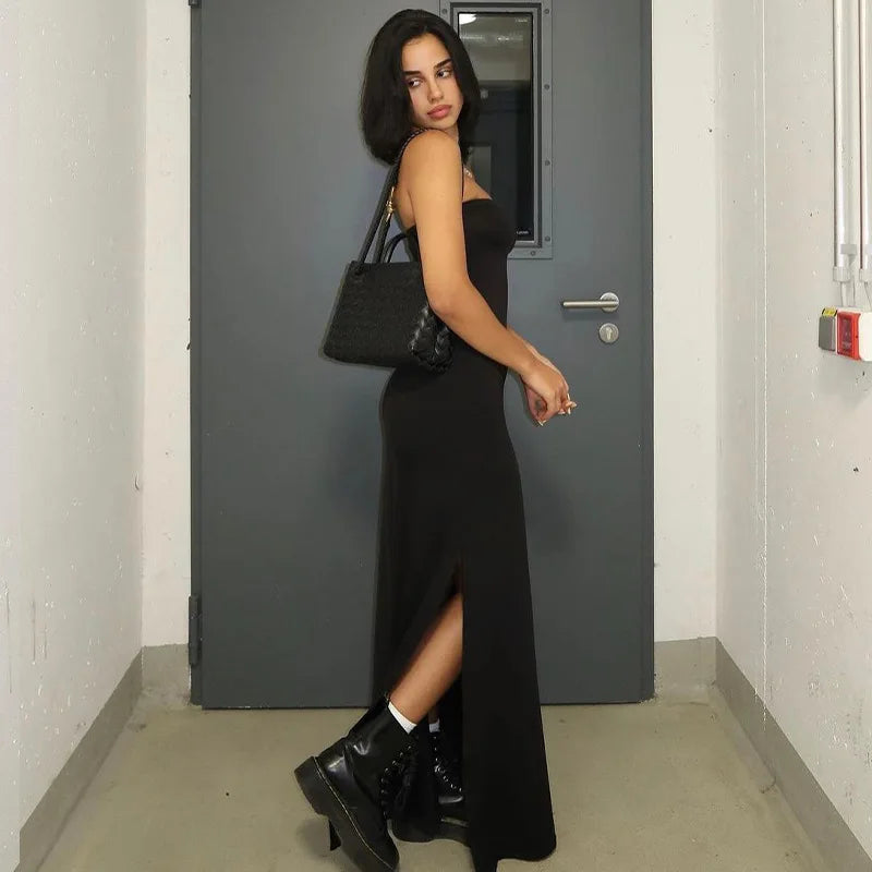 Strapless Backless Split Long Dresses for Women Clothing Fashion Spring Summer Sexy Black Dress