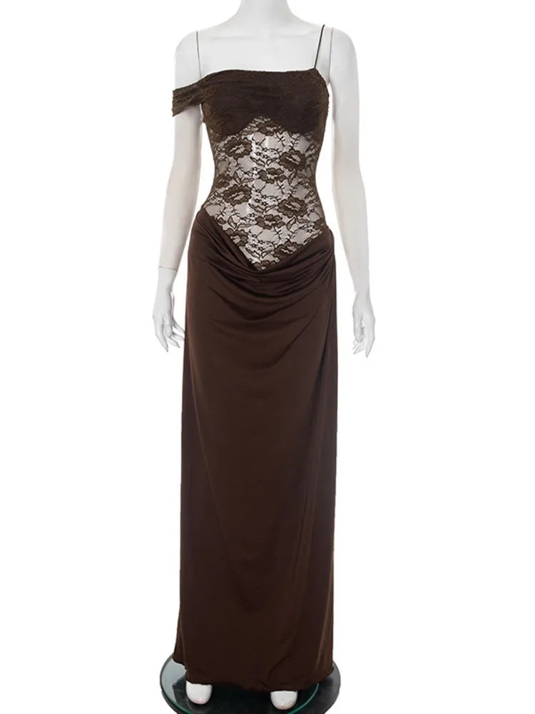 One Shoulder Lace See Through Sexy Maxi Dress Women Gown Fashion Off-shoulder Sleeveless Backless Club Long Dresses