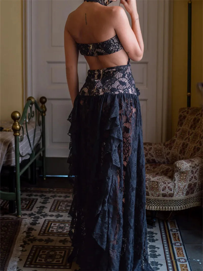 Backless Halter Neck Lace Maxi Dress Cutout Waist Tiered Ruffle Sheer Long Skirt Slim Evening Club Party Vacation Dress