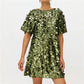Women's Green Sequins Shift Mini Dress with Round Neck Short Sleeve Back Bow Tie Sparkly Party Club Evening Dress