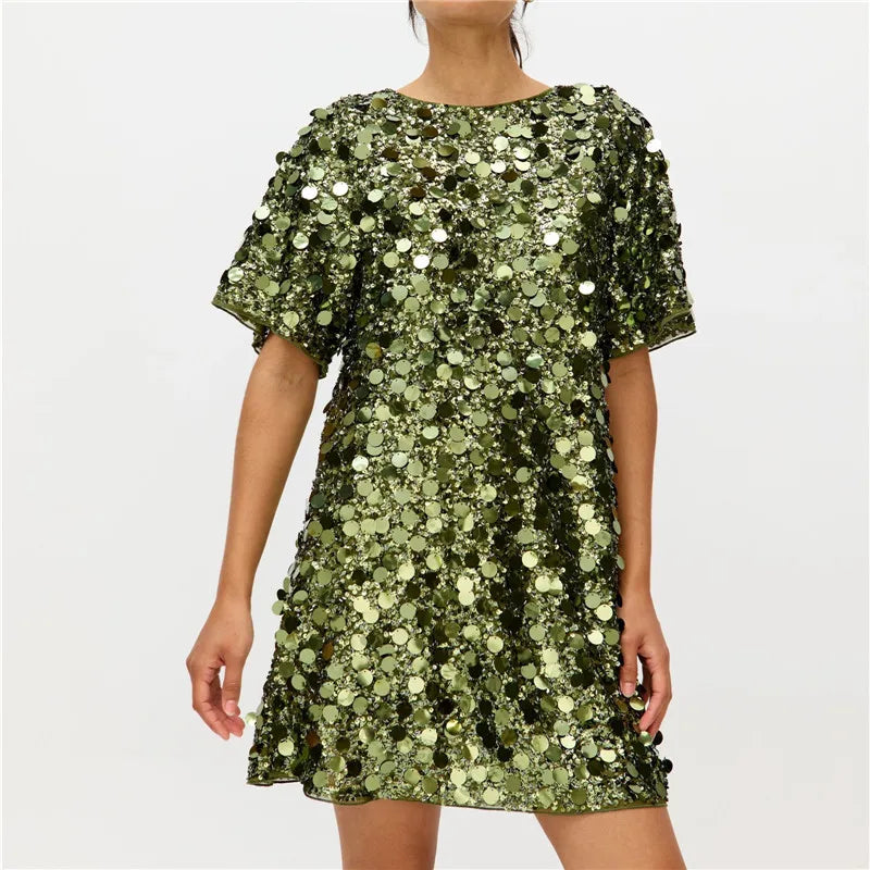 Women's Green Sequins Shift Mini Dress with Round Neck Short Sleeve Back Bow Tie Sparkly Party Club Evening Dress