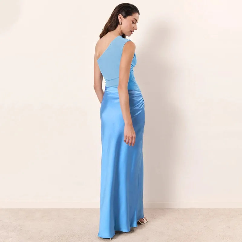 Satin Patchwork One Shoulder Backless Maxi Dress Elegant Evening Dresses Woman Party Outfits Summer