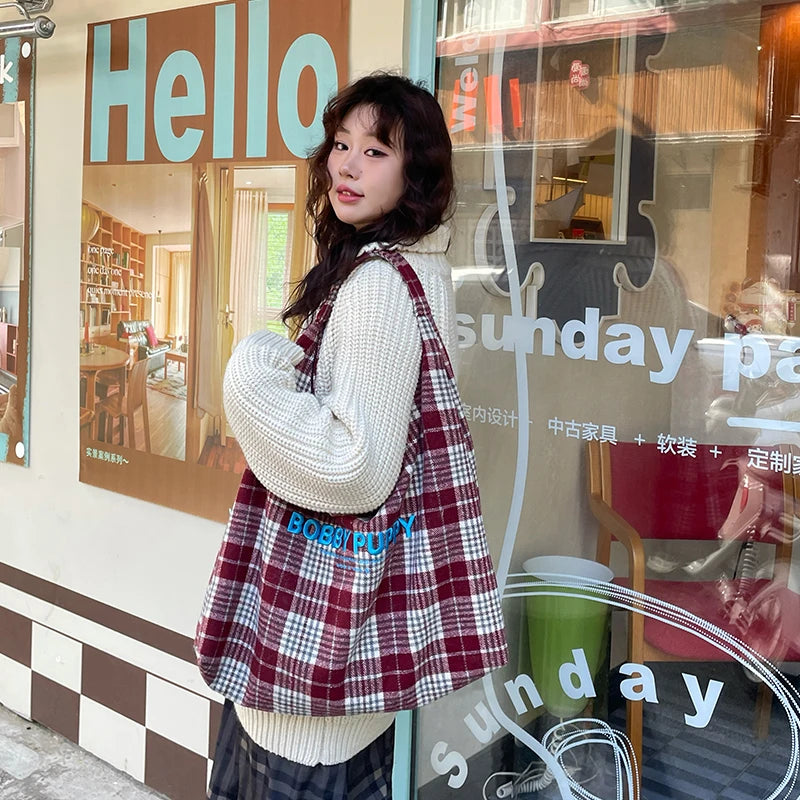 Y2K Korean Plaid Letter Embroidery Large Capacity Tote Bag For Women