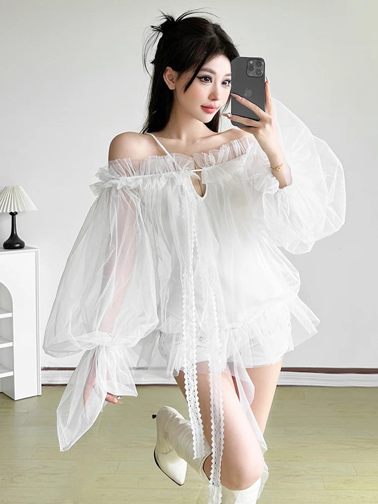 Sexy Mesh Dress Women Slash Neck Edible Tree Fungus Patchwork Bandage Hollow Ribbon Midnight Street Party Clubwear