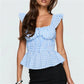 Y2K Sweet Gingham Plaid Peplum Top Women Ruffle Strap Square Neck Smocked Waist Tie Back Casual Summer Blouse